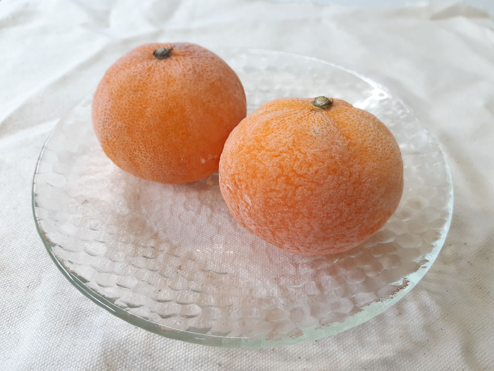 冷凍し霜がついたみかんが並んでいる